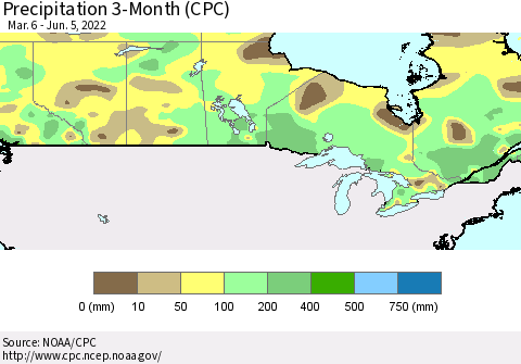 Canada Precipitation 3-Month (CPC) Thematic Map For 3/6/2022 - 6/5/2022