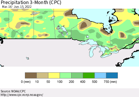 Canada Precipitation 3-Month (CPC) Thematic Map For 3/16/2022 - 6/15/2022