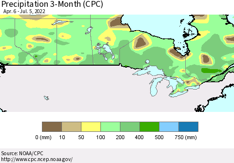 Canada Precipitation 3-Month (CPC) Thematic Map For 4/6/2022 - 7/5/2022