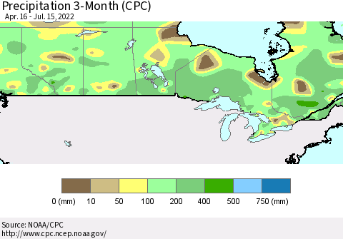 Canada Precipitation 3-Month (CPC) Thematic Map For 4/16/2022 - 7/15/2022