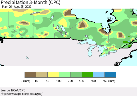 Canada Precipitation 3-Month (CPC) Thematic Map For 5/26/2022 - 8/25/2022