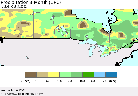 Canada Precipitation 3-Month (CPC) Thematic Map For 7/6/2022 - 10/5/2022