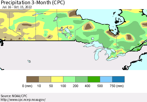 Canada Precipitation 3-Month (CPC) Thematic Map For 7/16/2022 - 10/15/2022
