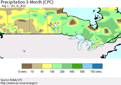 Canada Precipitation 3-Month (CPC) Thematic Map For 8/1/2022 - 10/31/2022