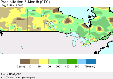 Canada Precipitation 3-Month (CPC) Thematic Map For 8/6/2022 - 11/5/2022