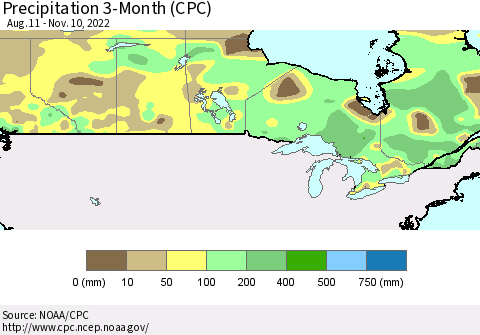 Canada Precipitation 3-Month (CPC) Thematic Map For 8/11/2022 - 11/10/2022