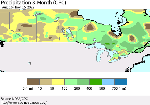 Canada Precipitation 3-Month (CPC) Thematic Map For 8/16/2022 - 11/15/2022