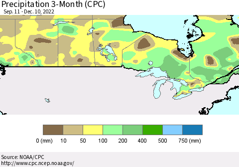 Canada Precipitation 3-Month (CPC) Thematic Map For 9/11/2022 - 12/10/2022