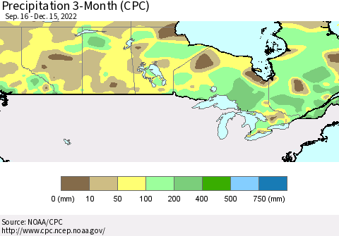 Canada Precipitation 3-Month (CPC) Thematic Map For 9/16/2022 - 12/15/2022