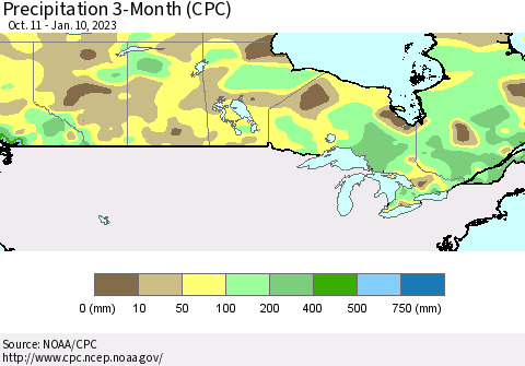 Canada Precipitation 3-Month (CPC) Thematic Map For 10/11/2022 - 1/10/2023