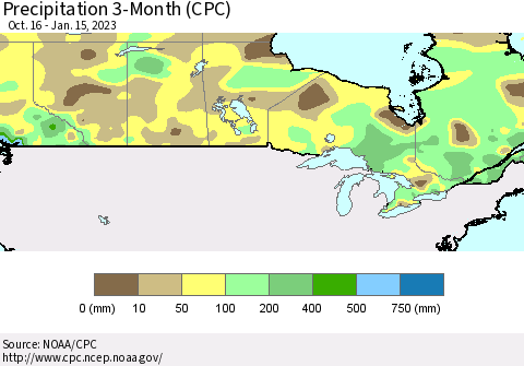 Canada Precipitation 3-Month (CPC) Thematic Map For 10/16/2022 - 1/15/2023