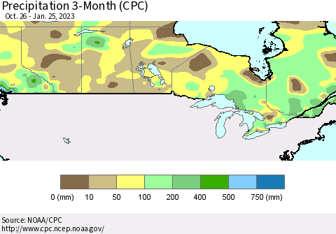 Canada Precipitation 3-Month (CPC) Thematic Map For 10/26/2022 - 1/25/2023