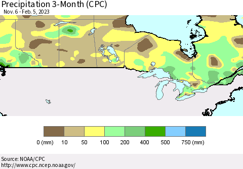 Canada Precipitation 3-Month (CPC) Thematic Map For 11/6/2022 - 2/5/2023