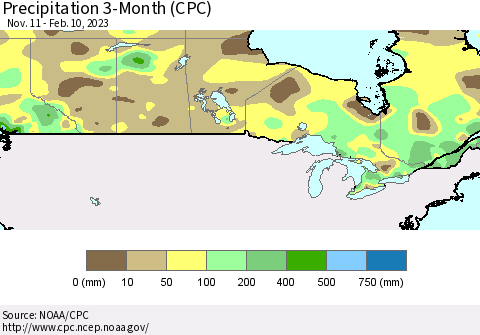 Canada Precipitation 3-Month (CPC) Thematic Map For 11/11/2022 - 2/10/2023
