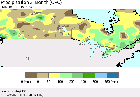 Canada Precipitation 3-Month (CPC) Thematic Map For 11/16/2022 - 2/15/2023