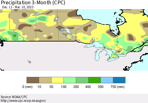 Canada Precipitation 3-Month (CPC) Thematic Map For 12/11/2022 - 3/10/2023