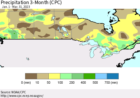 Canada Precipitation 3-Month (CPC) Thematic Map For 1/1/2023 - 3/31/2023