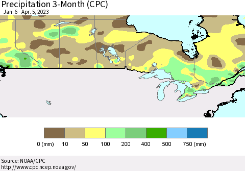 Canada Precipitation 3-Month (CPC) Thematic Map For 1/6/2023 - 4/5/2023
