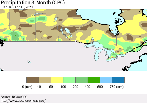 Canada Precipitation 3-Month (CPC) Thematic Map For 1/16/2023 - 4/15/2023