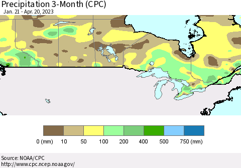 Canada Precipitation 3-Month (CPC) Thematic Map For 1/21/2023 - 4/20/2023