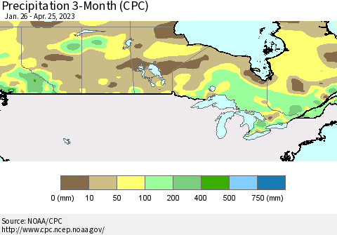Canada Precipitation 3-Month (CPC) Thematic Map For 1/26/2023 - 4/25/2023