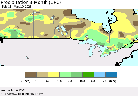 Canada Precipitation 3-Month (CPC) Thematic Map For 2/11/2023 - 5/10/2023