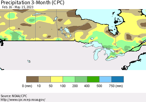 Canada Precipitation 3-Month (CPC) Thematic Map For 2/16/2023 - 5/15/2023