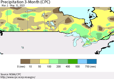 Canada Precipitation 3-Month (CPC) Thematic Map For 3/1/2023 - 5/31/2023