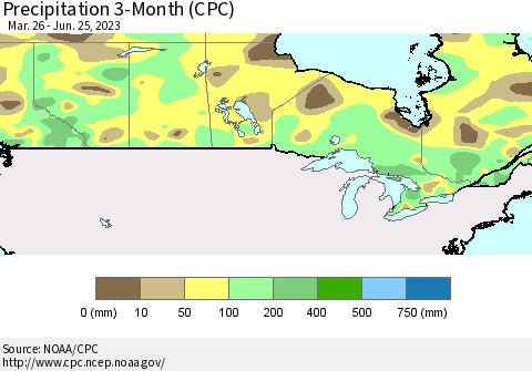 Canada Precipitation 3-Month (CPC) Thematic Map For 3/26/2023 - 6/25/2023