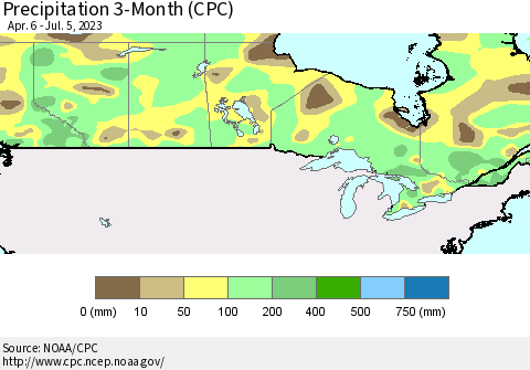 Canada Precipitation 3-Month (CPC) Thematic Map For 4/6/2023 - 7/5/2023