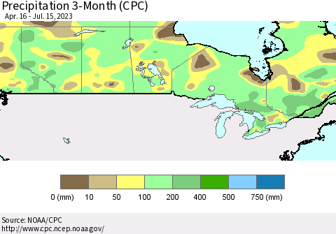 Canada Precipitation 3-Month (CPC) Thematic Map For 4/16/2023 - 7/15/2023