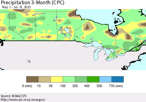 Canada Precipitation 3-Month (CPC) Thematic Map For 5/1/2023 - 7/31/2023