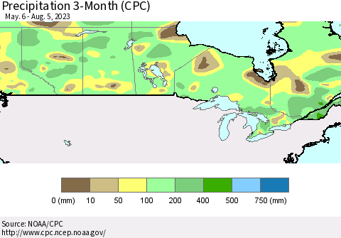 Canada Precipitation 3-Month (CPC) Thematic Map For 5/6/2023 - 8/5/2023