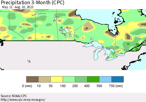 Canada Precipitation 3-Month (CPC) Thematic Map For 5/11/2023 - 8/10/2023
