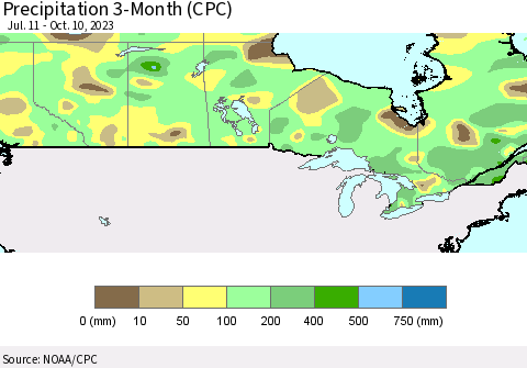 Canada Precipitation 3-Month (CPC) Thematic Map For 7/11/2023 - 10/10/2023