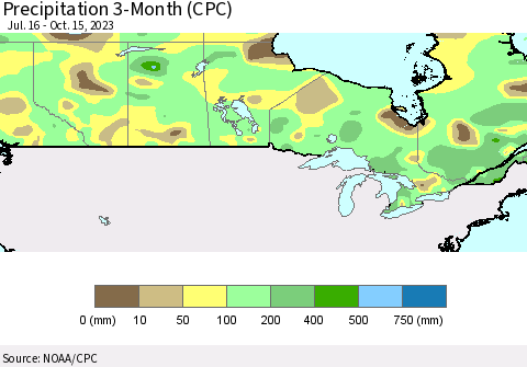 Canada Precipitation 3-Month (CPC) Thematic Map For 7/16/2023 - 10/15/2023