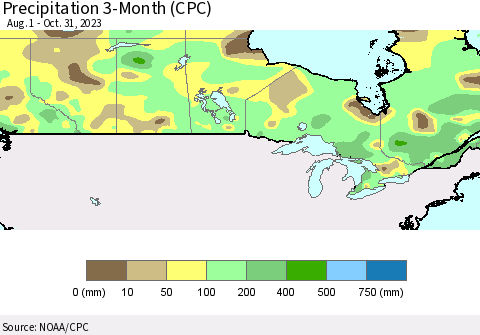 Canada Precipitation 3-Month (CPC) Thematic Map For 8/1/2023 - 10/31/2023