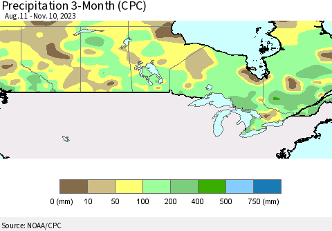 Canada Precipitation 3-Month (CPC) Thematic Map For 8/11/2023 - 11/10/2023
