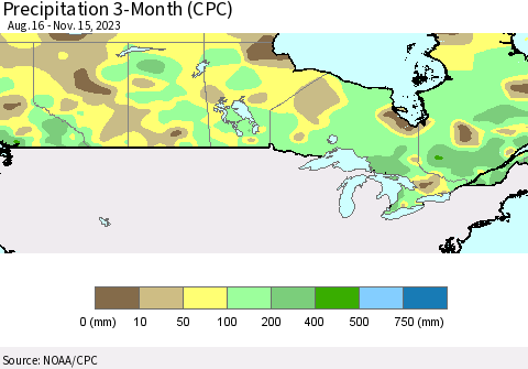 Canada Precipitation 3-Month (CPC) Thematic Map For 8/16/2023 - 11/15/2023