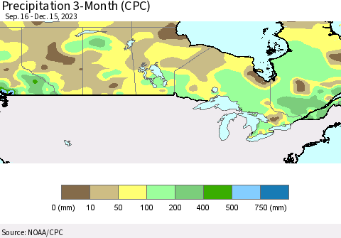 Canada Precipitation 3-Month (CPC) Thematic Map For 9/16/2023 - 12/15/2023