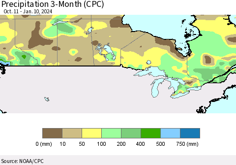 Canada Precipitation 3-Month (CPC) Thematic Map For 10/11/2023 - 1/10/2024