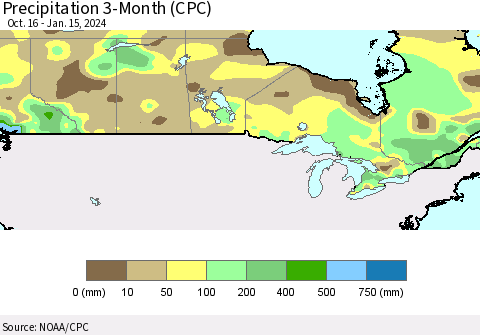Canada Precipitation 3-Month (CPC) Thematic Map For 10/16/2023 - 1/15/2024