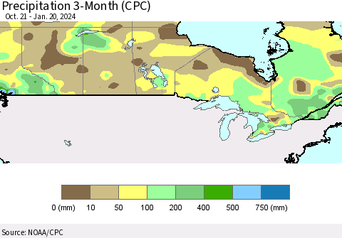 Canada Precipitation 3-Month (CPC) Thematic Map For 10/21/2023 - 1/20/2024