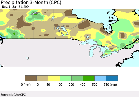 Canada Precipitation 3-Month (CPC) Thematic Map For 11/1/2023 - 1/31/2024