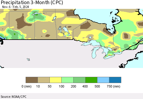 Canada Precipitation 3-Month (CPC) Thematic Map For 11/6/2023 - 2/5/2024