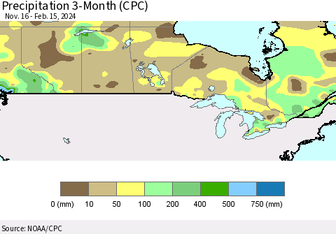 Canada Precipitation 3-Month (CPC) Thematic Map For 11/16/2023 - 2/15/2024