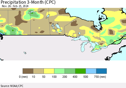 Canada Precipitation 3-Month (CPC) Thematic Map For 11/26/2023 - 2/25/2024