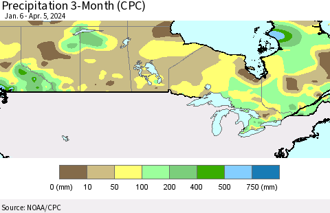 Canada Precipitation 3-Month (CPC) Thematic Map For 1/6/2024 - 4/5/2024