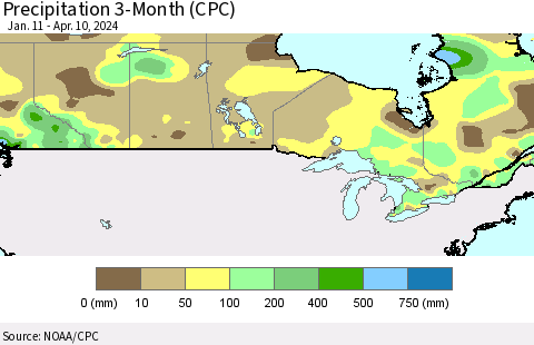 Canada Precipitation 3-Month (CPC) Thematic Map For 1/11/2024 - 4/10/2024