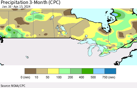 Canada Precipitation 3-Month (CPC) Thematic Map For 1/16/2024 - 4/15/2024